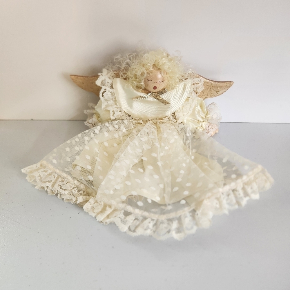 Vintage Handmade Wood Lace Angel Shelf Sitter Decor Christmas 90s 1990s Rustic